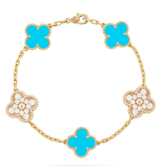 [Vellora-Opalyn]CLOVER 5 MOTIF TURQUOISE DIAMOND GOLD BRACELET