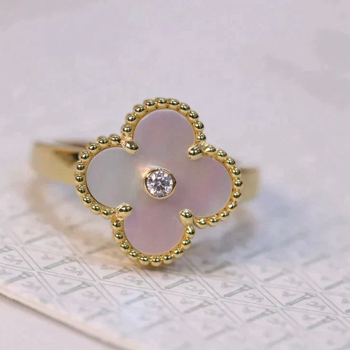 [Vellora-Opalyn]CLOVER PINK MOP RING GOLD DIAMOND