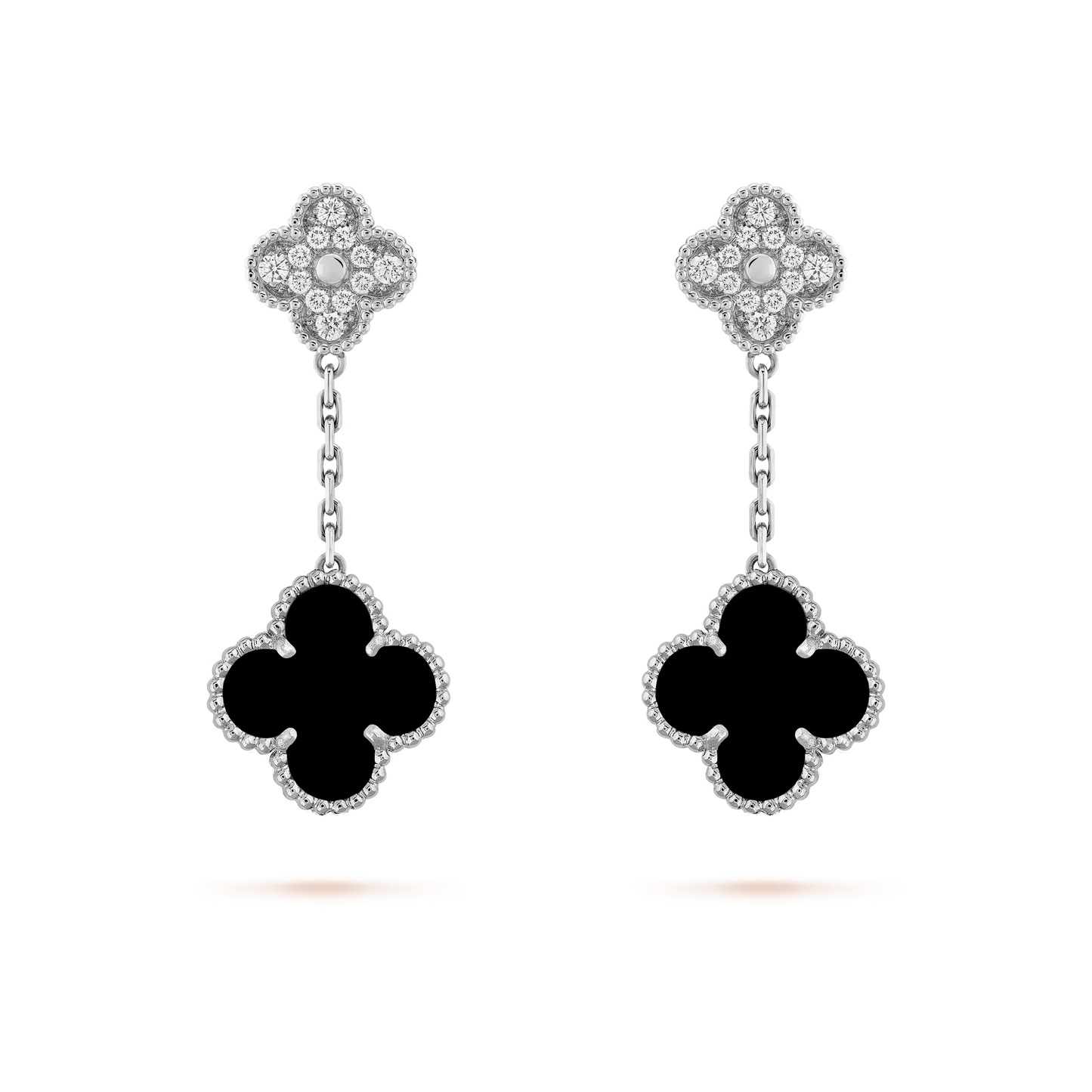 [Vellora-Opalyn]CLOVER 2 MOTIFS  DIAMOND ONYX EARRINGS SILVER