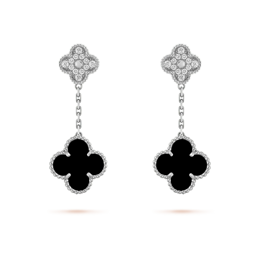 [Vellora-Opalyn]CLOVER 2 MOTIFS  DIAMOND ONYX EARRINGS SILVER