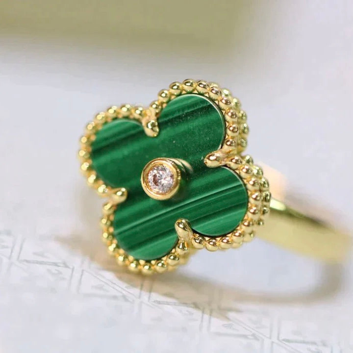[Vellora-Opalyn]CLOVER MALACHITE RING GOLD DIAMOND