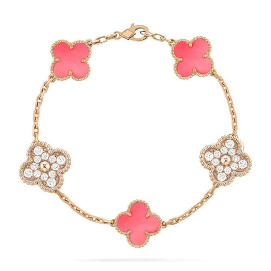 [Vellora-Opalyn]CLOVER 5 MOTIF DIAMOND PINK MOP PINK GOLD BRACELET