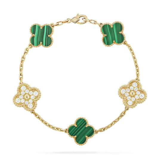 [Vellora-Opalyn]CLOVER  5 MOTIF MALACHITE DIAMOND BRACELET