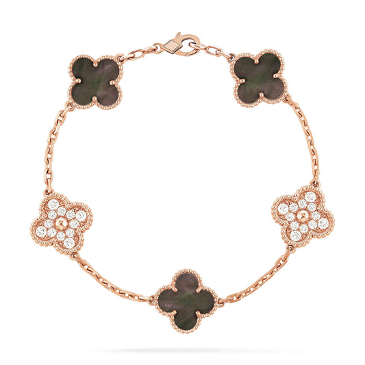 [Vellora-Opalyn]CLOVER 5 MOTIFS DARK MOP AND DIAMONDS PINK GOLD BRACELET