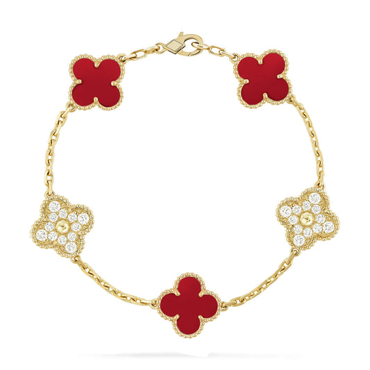 [Vellora-Opalyn]CLOVER 5 MOTIFS CARNELIAN DIAMOND BRACELET