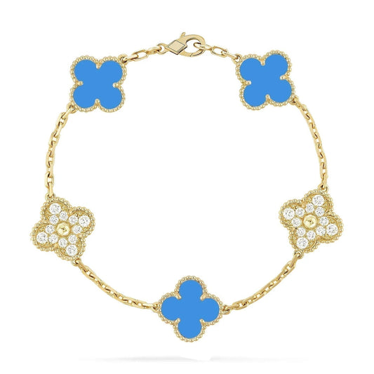 [Vellora-Opalyn]CLOVER 5 MOTIF BLUE CHALCEDONY DIAMOND GOLD BRACELET