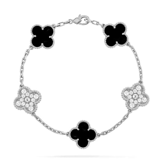 [Vellora-Opalyn]CLOVER 5 MOTIF ONYXS DIAMOND BRACELET SILVER