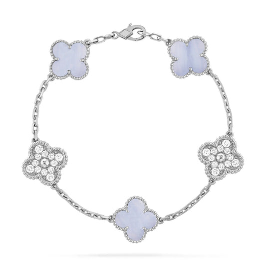 [Vellora-Opalyn]CLOVER  5 MOTIF DIAMOND PURPLE CHALCEDONY BRACELET SILVER