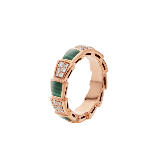 [Vellora-Opalyn]SERPENTI RING PINK GOLD MALACHITE DIAMOND PAVED 4MM