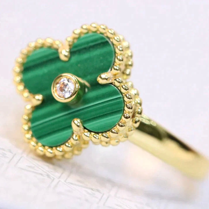 [Vellora-Opalyn]CLOVER MALACHITE RING GOLD DIAMOND