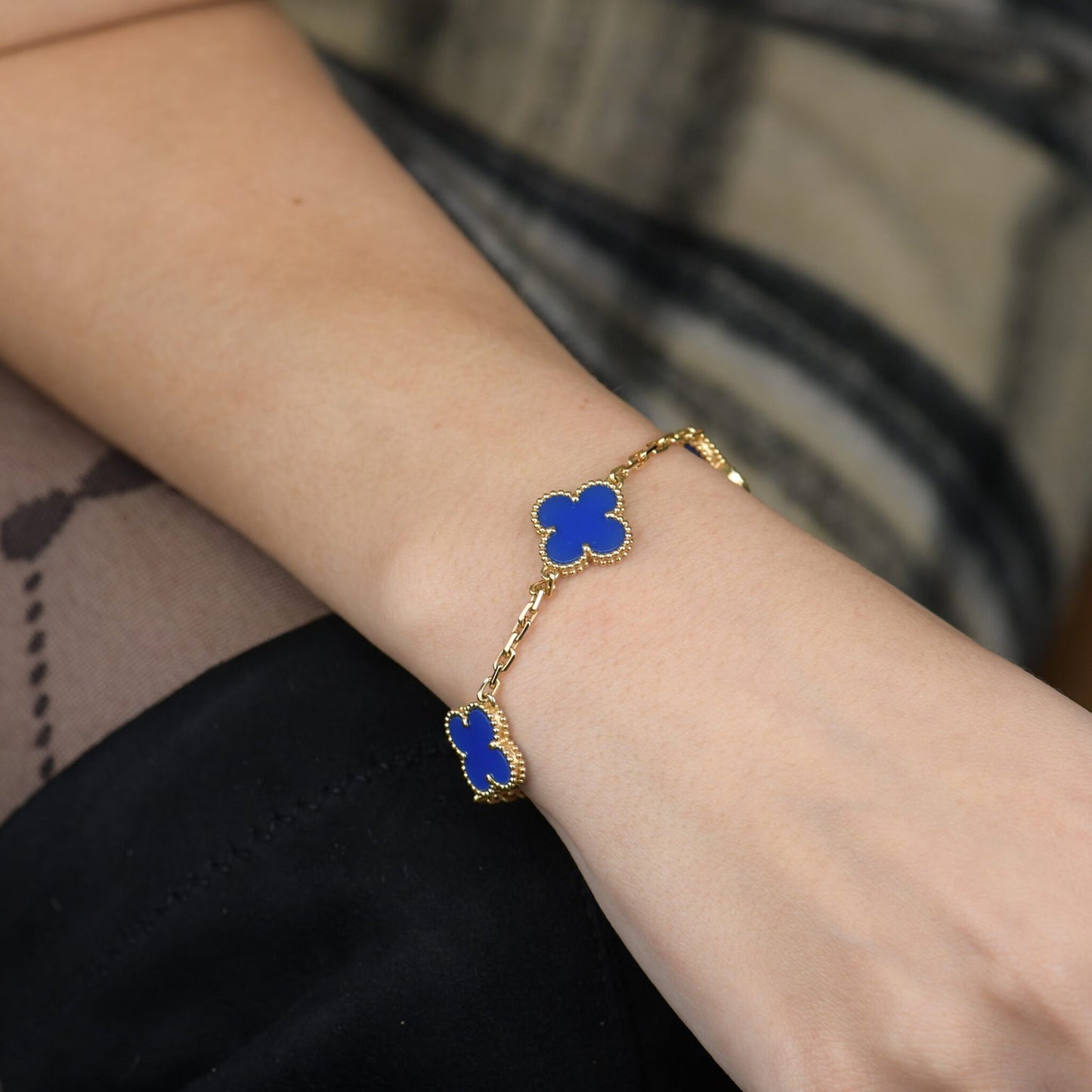 [Vellora-Opalyn]CLOVER 5 MOTIFS BLUE AGATE BRACELET