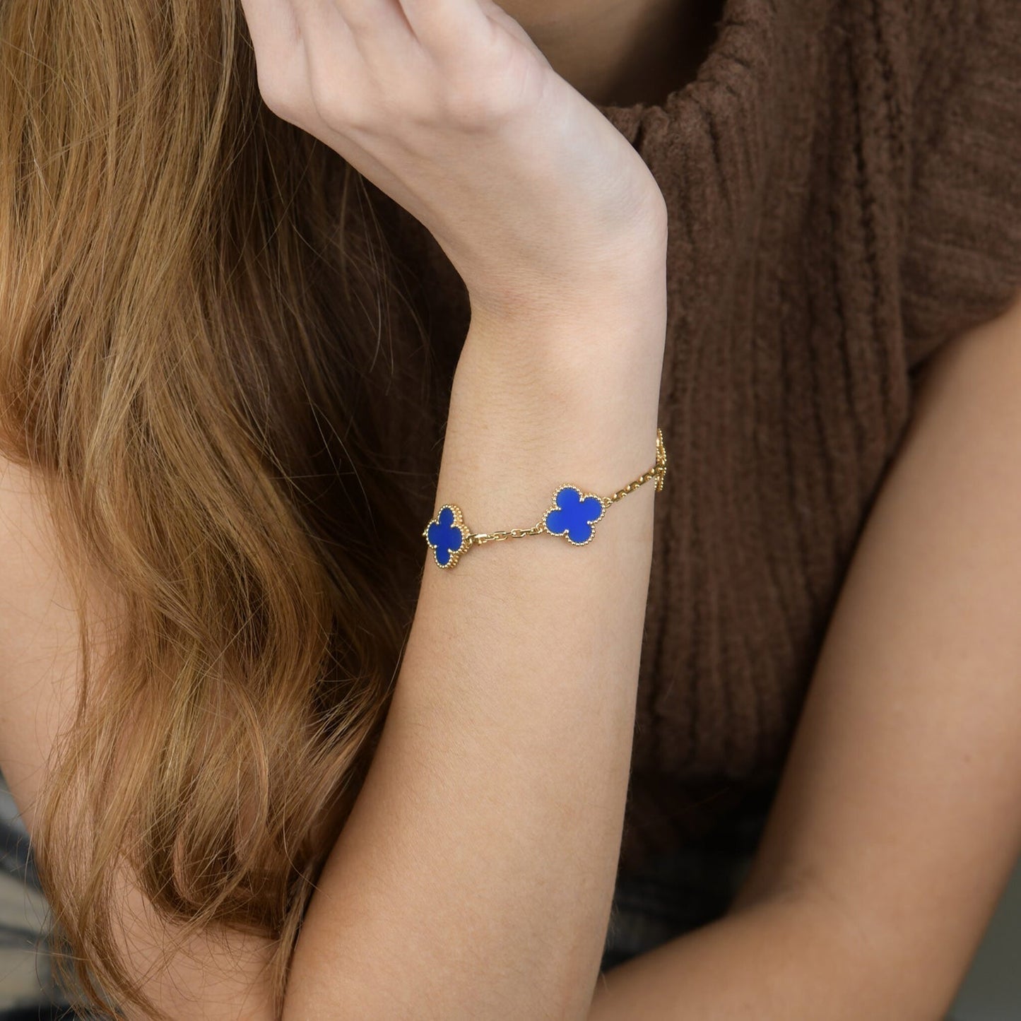[Vellora-Opalyn]CLOVER 5 MOTIFS BLUE AGATE BRACELET