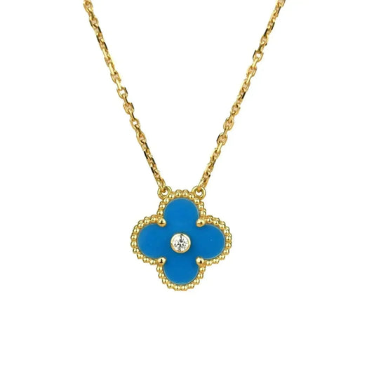 [Vellora-Opalyn]CLOVER 15MM DIAMOND AND BLUE AGATE NECKLACE
