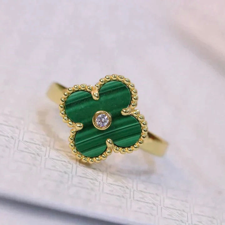 [Vellora-Opalyn]CLOVER MALACHITE RING GOLD DIAMOND