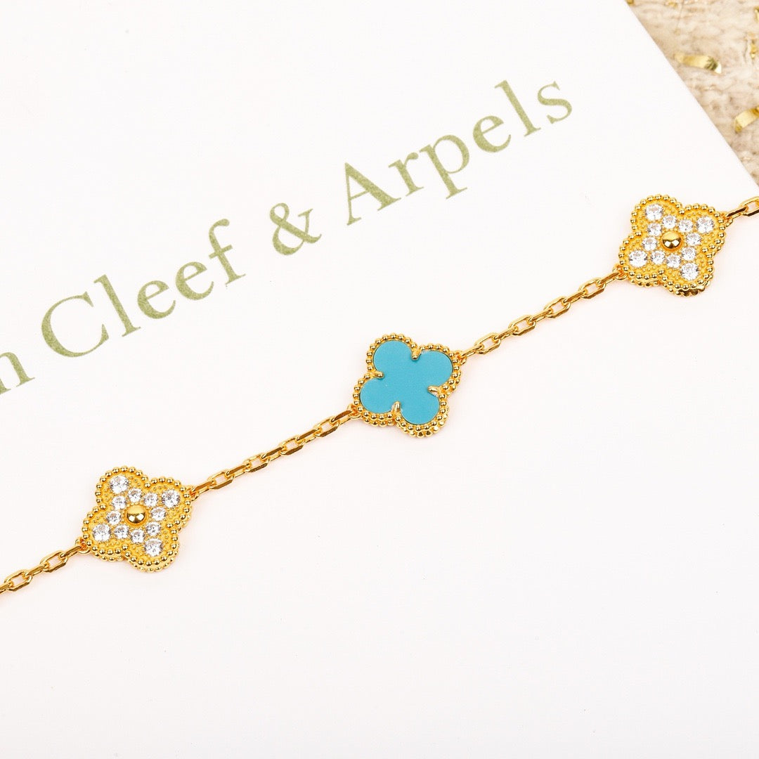 [Vellora-Opalyn]CLOVER 5 MOTIF TURQUOISE DIAMOND GOLD BRACELET