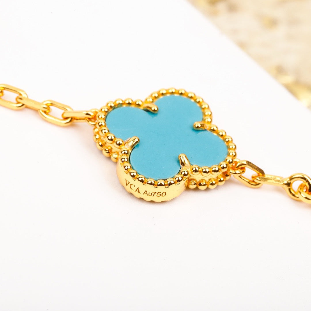 [Vellora-Opalyn]CLOVER 5 MOTIF TURQUOISE DIAMOND GOLD BRACELET