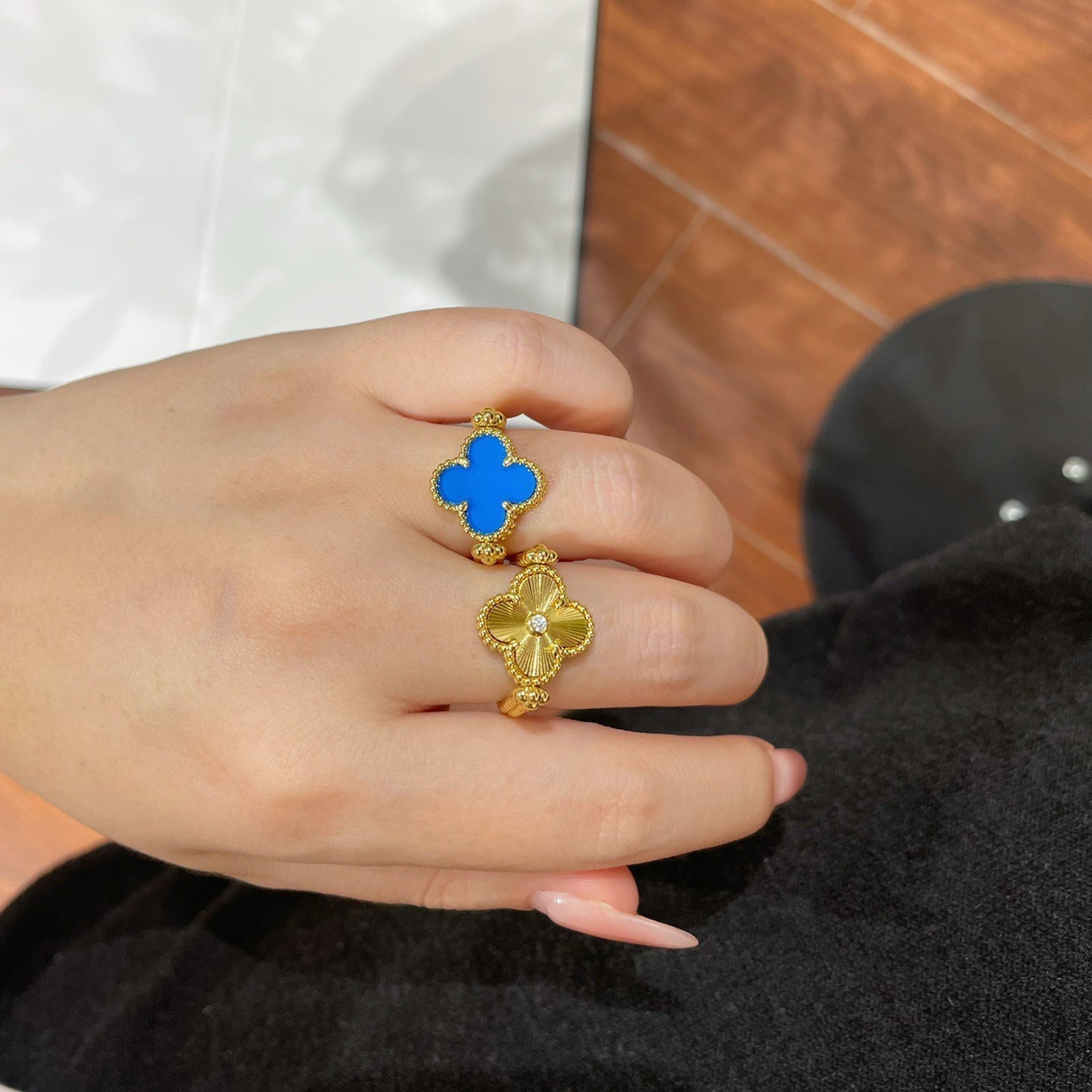 [Vellora-Opalyn]CLOVER RIVERSIBLE BLUE AGATE RING