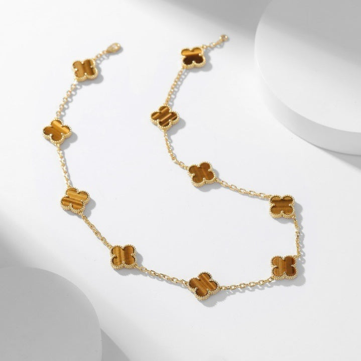 [Vellora-Opalyn]CLOVERS THE 10-MOTIFS TIGER EYE NECKLACE