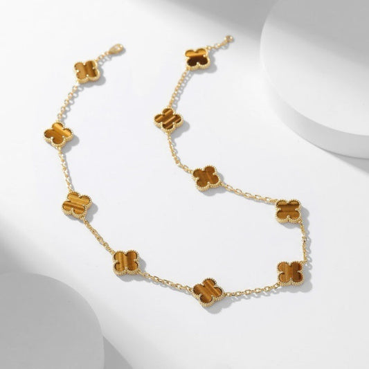 [Vellora-Opalyn]CLOVERS THE 10-MOTIFS TIGER EYE NECKLACE