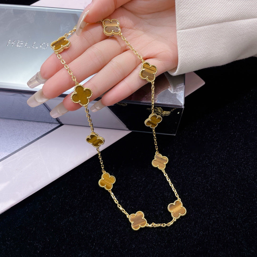 [Vellora-Opalyn]CLOVERS THE 10-MOTIFS TIGER EYE NECKLACE