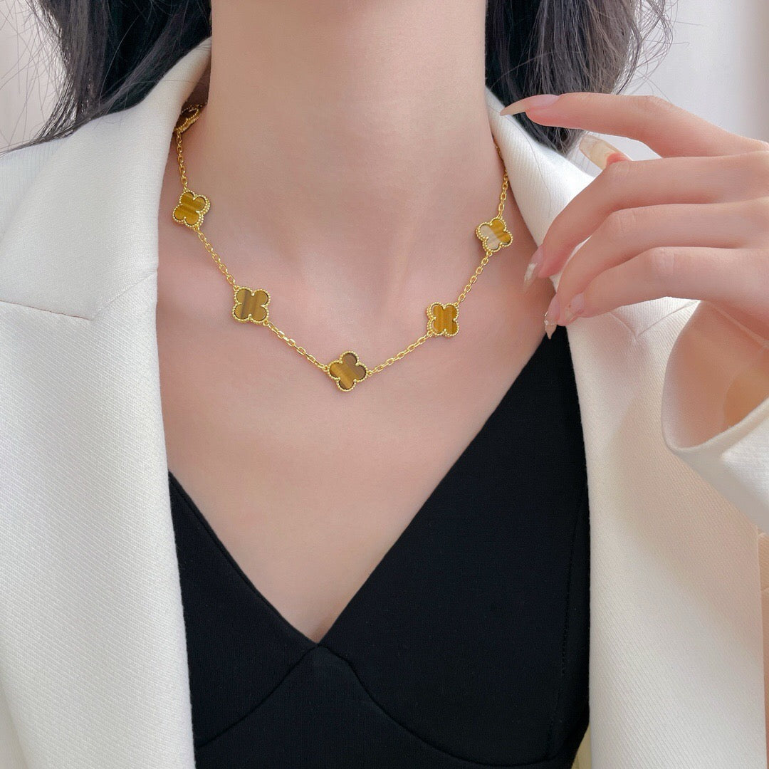 [Vellora-Opalyn]CLOVERS THE 10-MOTIFS TIGER EYE NECKLACE