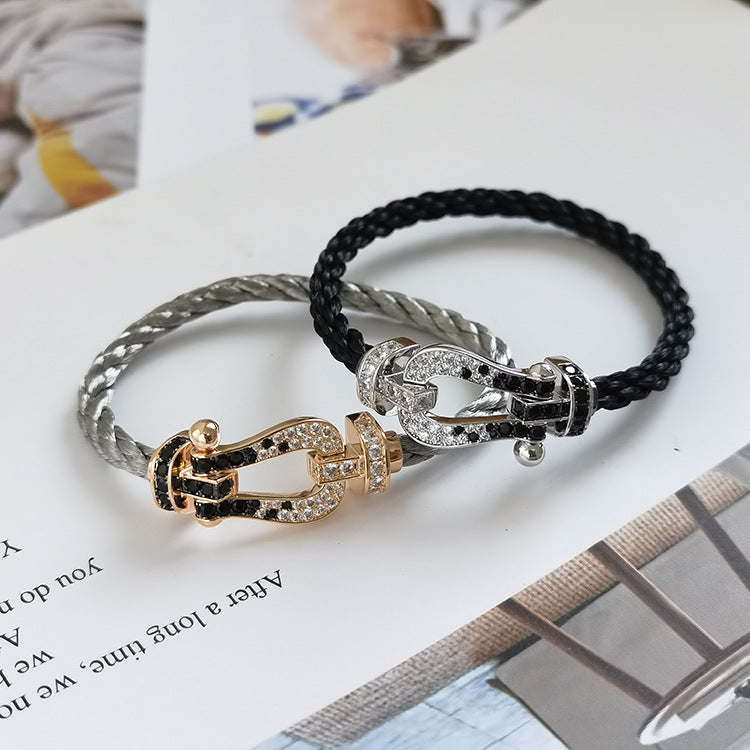 [Vellora-Opalyn]FORCE LARGE HORSESHOE BLACK WHITE DIAMOND BRACELET SILVER