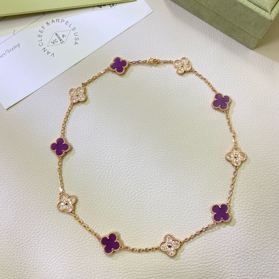 [Vellora-Opalyn]CLOVER 10 MOTIFS  PURPLE VIOLET DIAMOND NECKLACE
