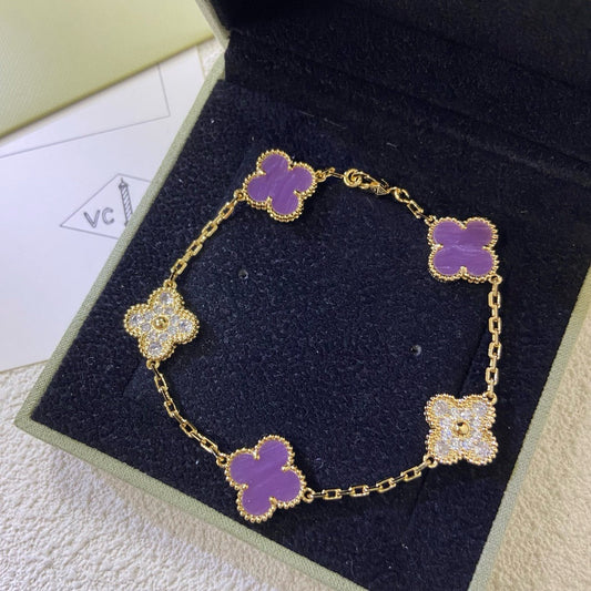 [Vellora-Opalyn]CLOVER  5 MOTIFS  PURPLE VIOLET DIAMOND BRACELET