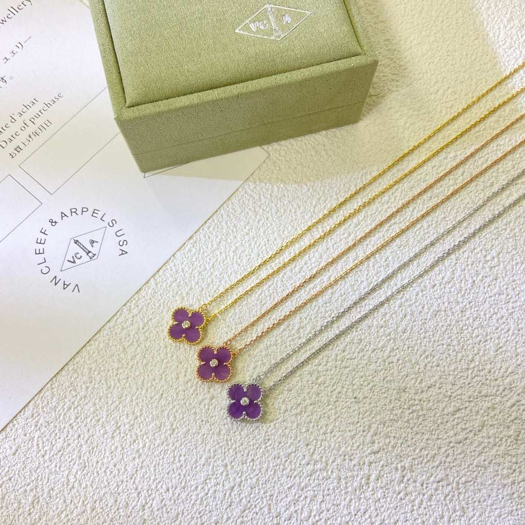 [Vellora-Opalyn]CLOVER 15MM DIAMOND  PURPLE VIOLET NECKLACE