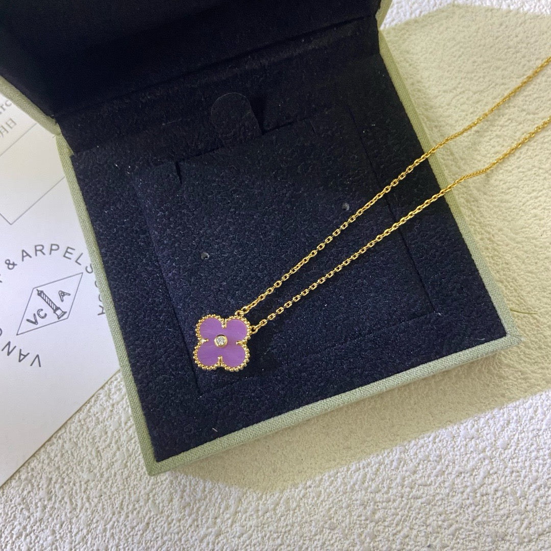 [Vellora-Opalyn]CLOVER 15MM DIAMOND  PURPLE VIOLET NECKLACE