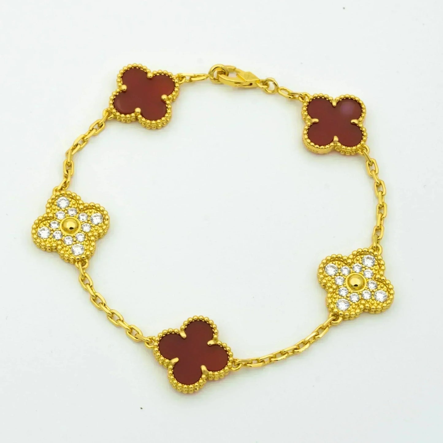 [Vellora-Opalyn]CLOVER 5 MOTIFS CARNELIAN DIAMOND BRACELET