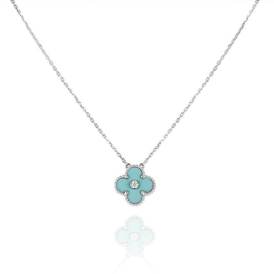 [Vellora-Opalyn]CLOVER 1 DIAMOND LIGHT BLUE SILVER NECKLACE