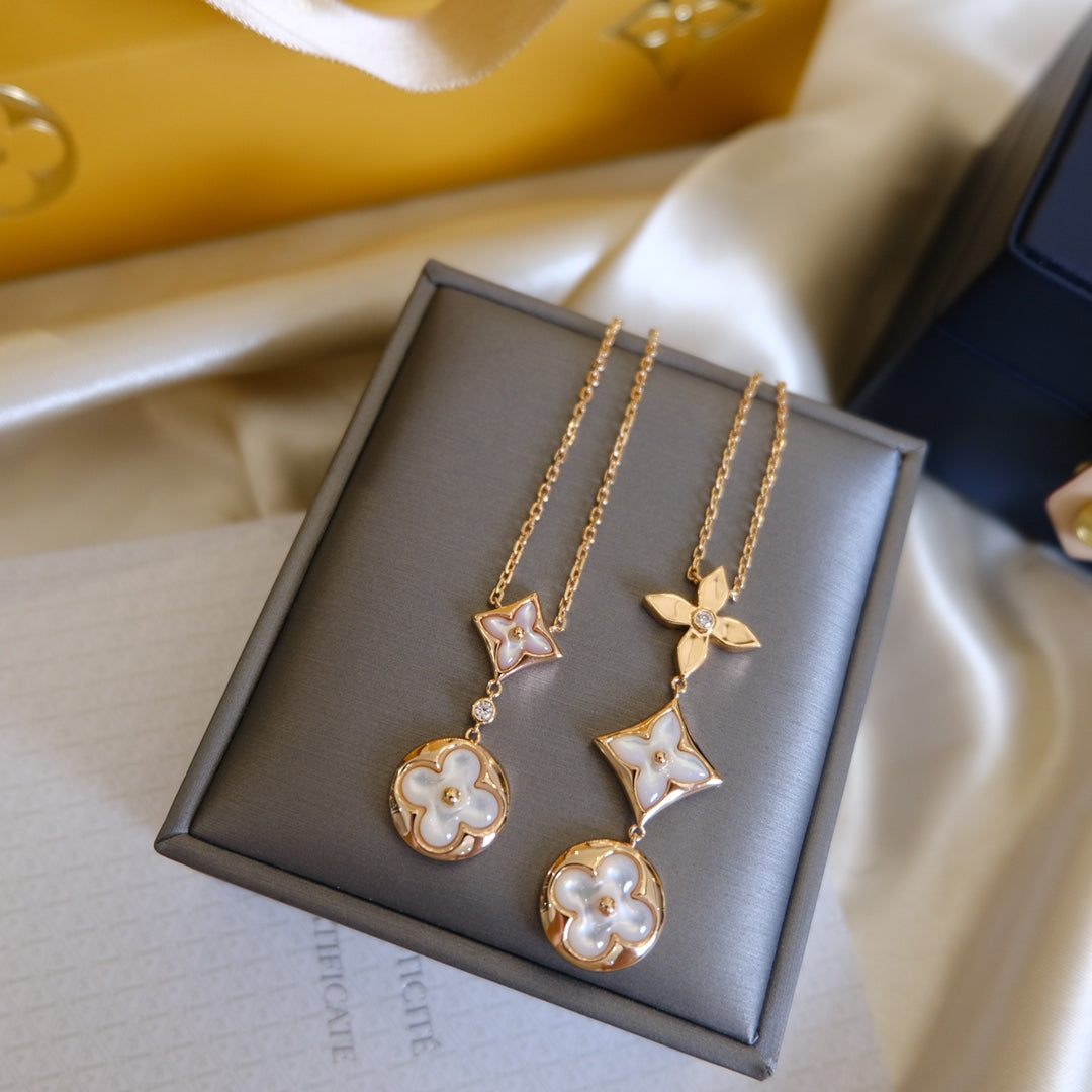 [Vellora-Opalyn]COLOR BLOSSOM LARIAT NECKLACE PINK GOLD WHITE MOTHER PEARL AND DIAMOND