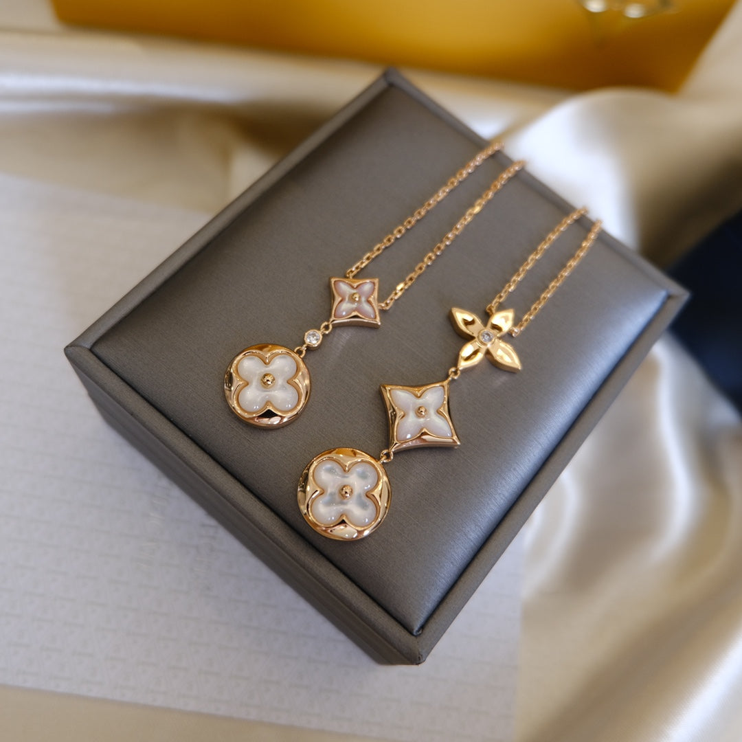 [Vellora-Opalyn]COLOR BLOSSOM LARIAT NECKLACE PINK GOLD WHITE MOTHER PEARL AND DIAMOND