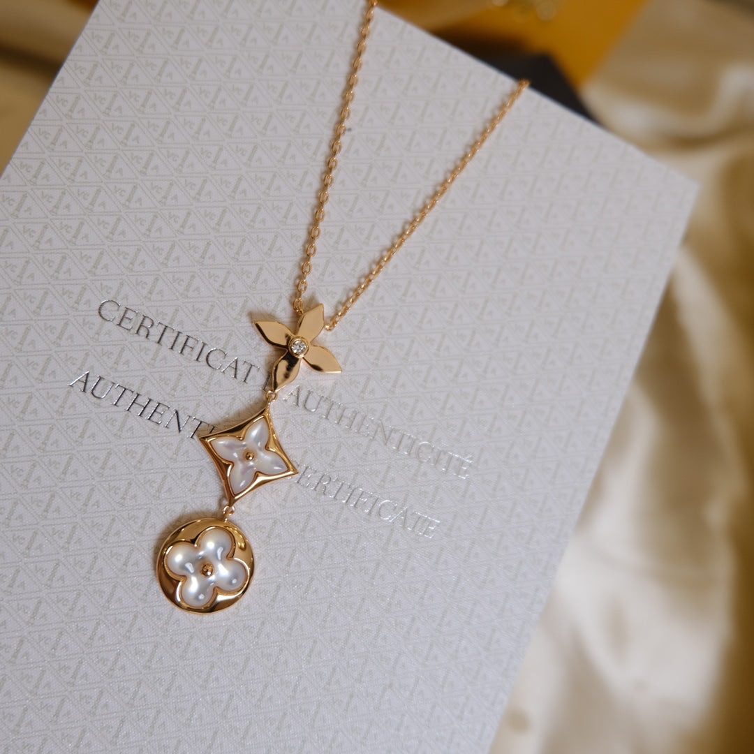 [Vellora-Opalyn]COLOR BLOSSOM LARIAT NECKLACE PINK GOLD WHITE MOTHER PEARL AND DIAMOND