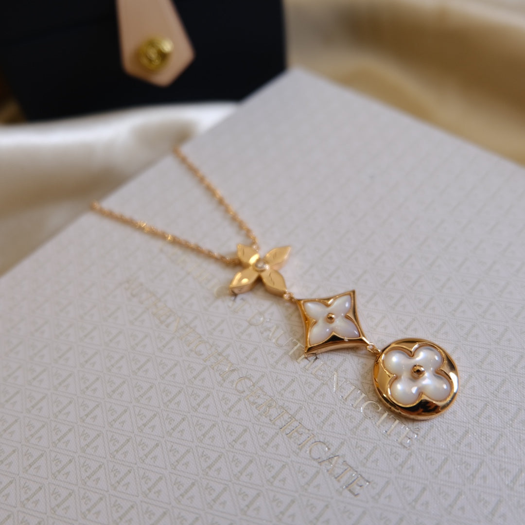 [Vellora-Opalyn]COLOR BLOSSOM LARIAT NECKLACE PINK GOLD WHITE MOTHER PEARL AND DIAMOND