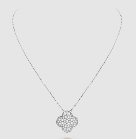 [Vellora-Opalyn]CLOVER 25MM LARGE PENDANT DIAMOND PAVED SILVER NECKLACE