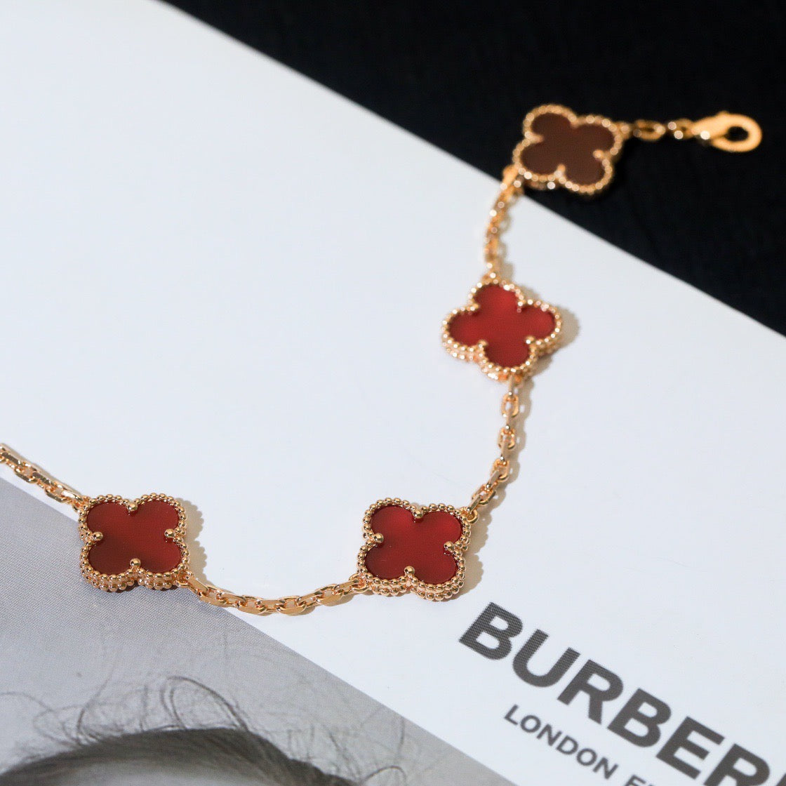 [Vellora-Opalyn]CLOVER 5 MOTIFS RED AGATE  BRACELET