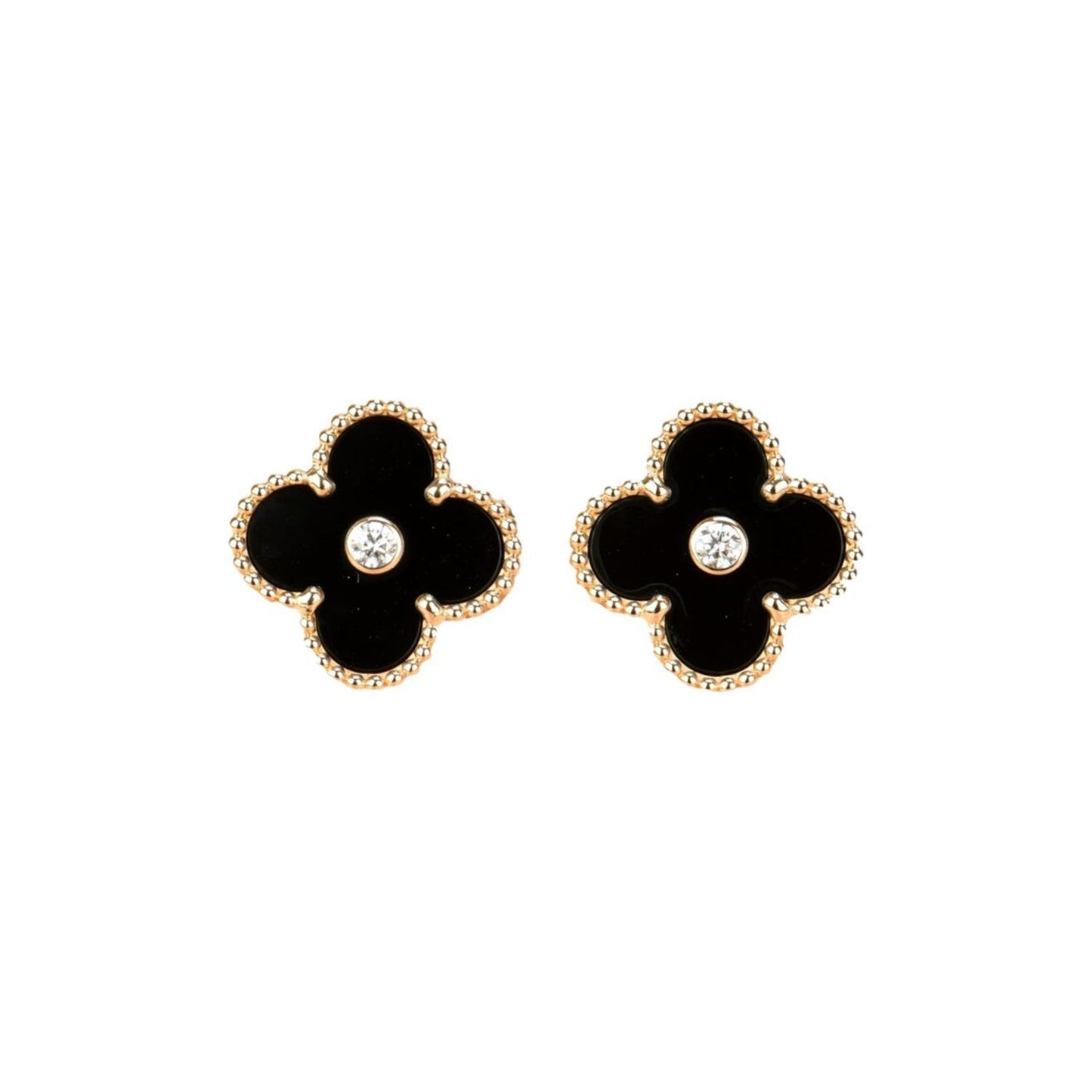 [Vellora-Opalyn]CLOVER MEDIUM 1 MOTIFS ONYX DIAMOND EARRINGS