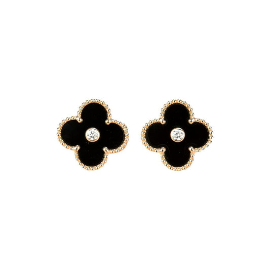 [Vellora-Opalyn]CLOVER MEDIUM 1 MOTIFS ONYX DIAMOND EARRINGS