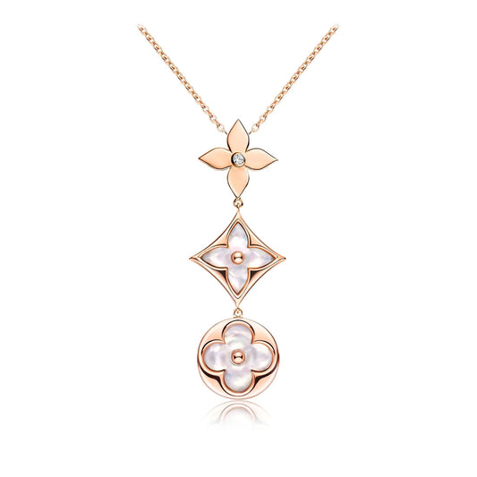 [Vellora-Opalyn]COLOR BLOSSOM LARIAT NECKLACE PINK GOLD WHITE MOTHER PEARL AND DIAMOND