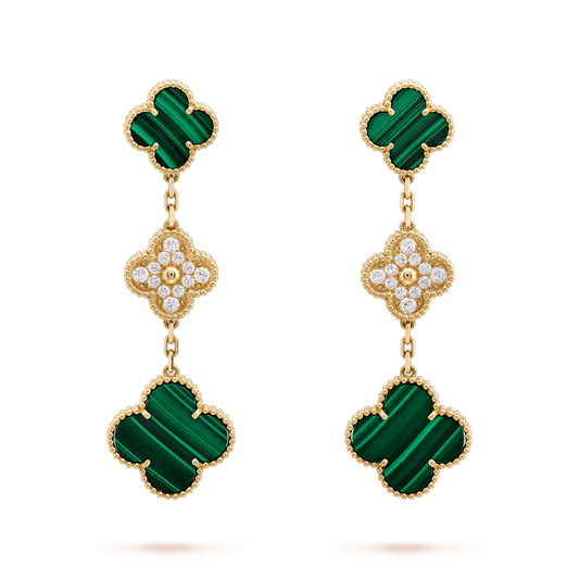 [Vellora-Opalyn]CLOVER EARRINGS GOLD MALACHITE DIAMOND 3 MOTIF