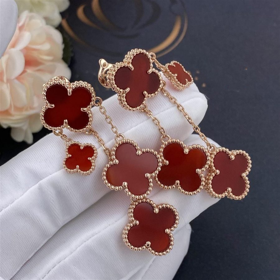 [Vellora-Opalyn]CLOVER EARRINGS CARNELIAN 4 MOTIFS PINK GOLD