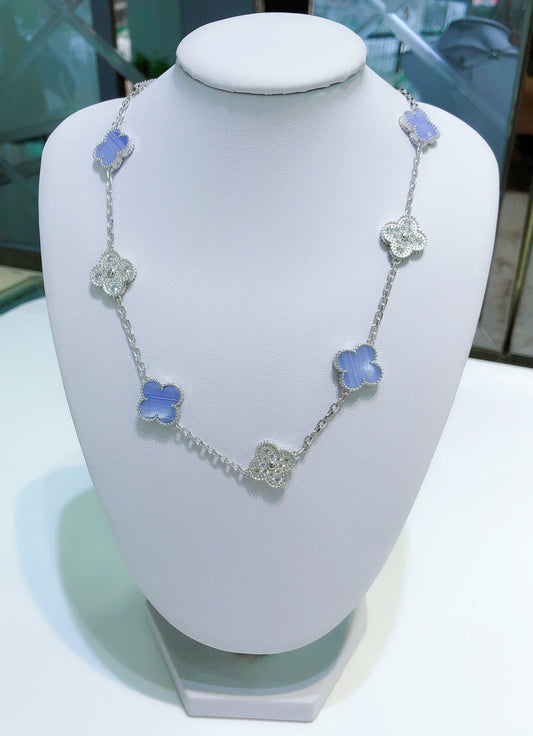 [Vellora-Opalyn]CLOVERS THE 10-MOTIFS CHALCEDONY DIAMONDS SILVER NECKLACE