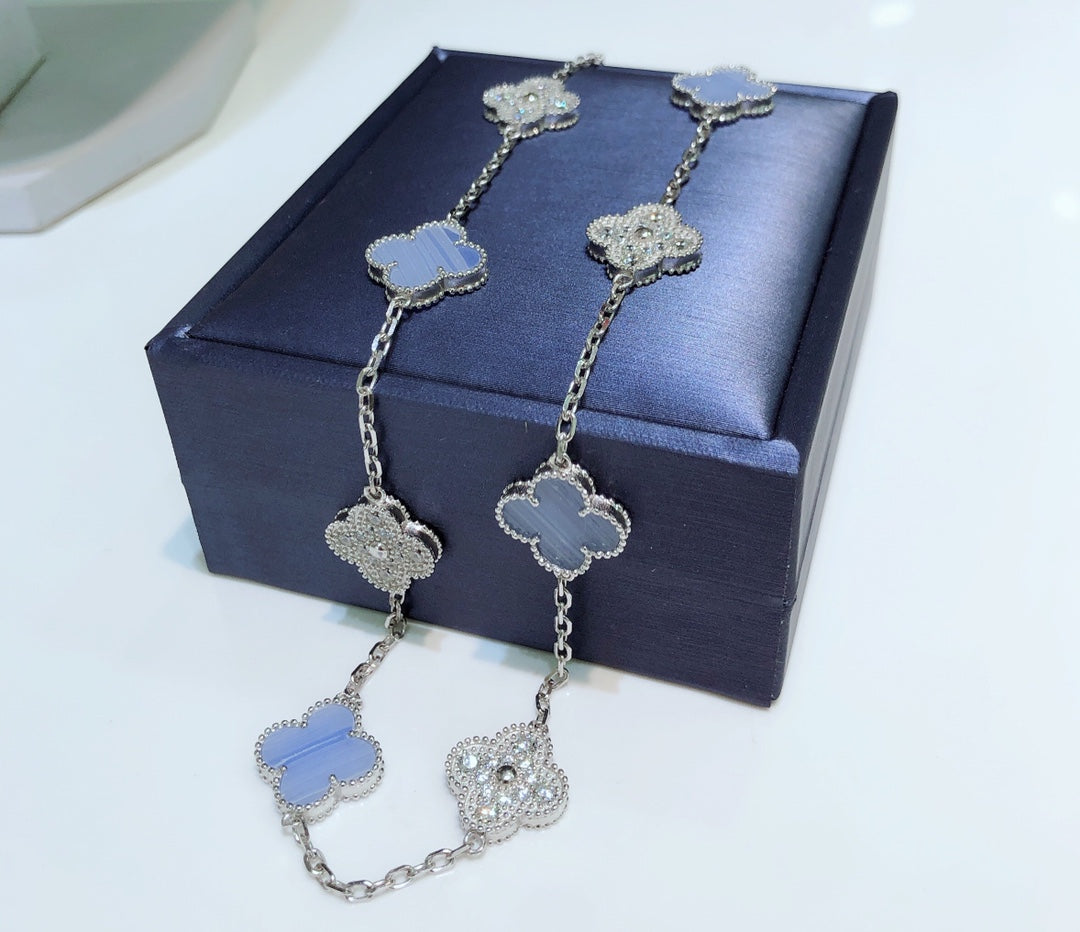 [Vellora-Opalyn]CLOVERS THE 10-MOTIFS CHALCEDONY DIAMONDS SILVER NECKLACE
