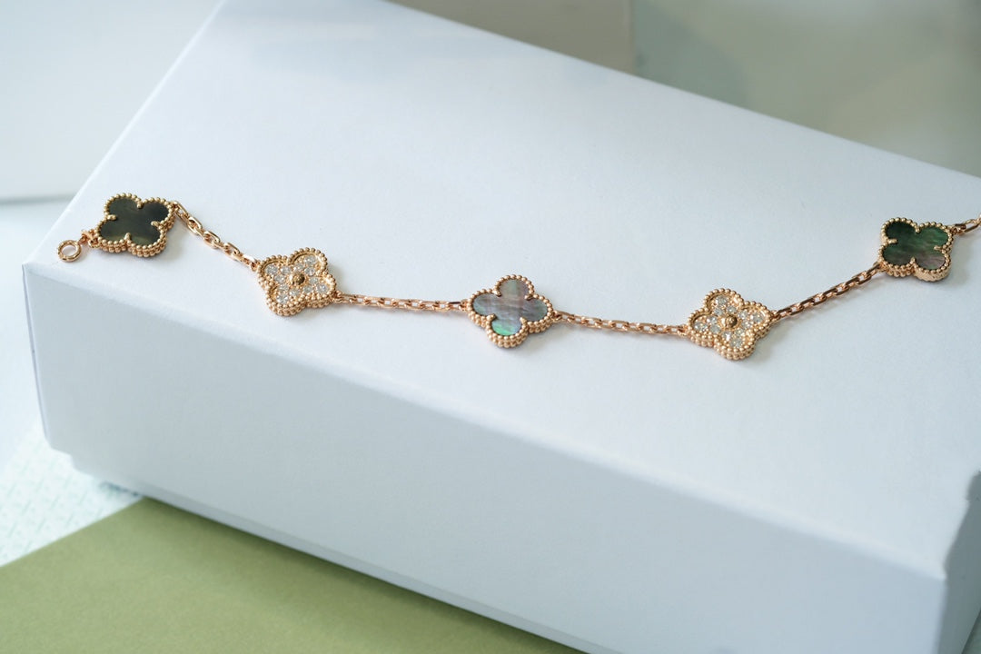 [Vellora-Opalyn]CLOVER 5 MOTIFS DARK MOP AND DIAMONDS PINK GOLD BRACELET