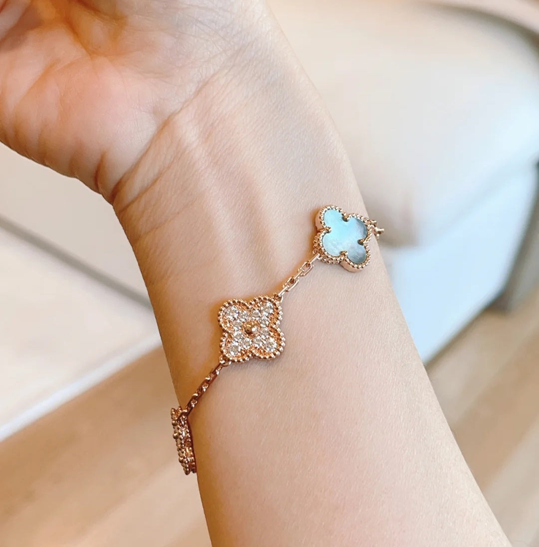 [Vellora-Opalyn]CLOVER 5 MOTIFS DARK MOP AND DIAMONDS PINK GOLD BRACELET