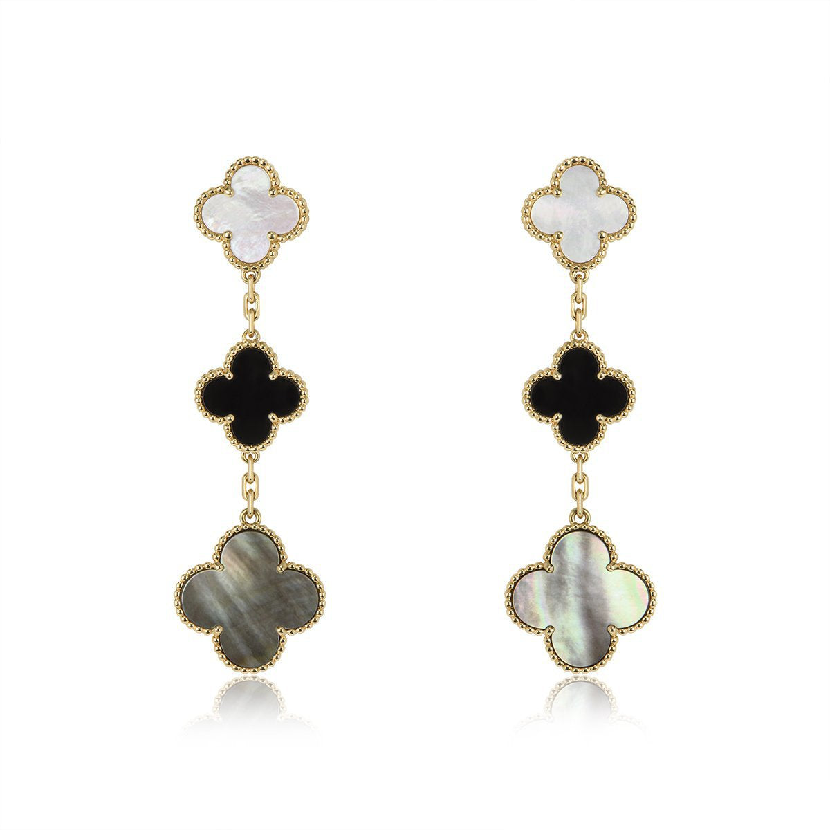 [Vellora-Opalyn]CLOVER EARRINGS GOLD ONYX MOP 3 MOTIF