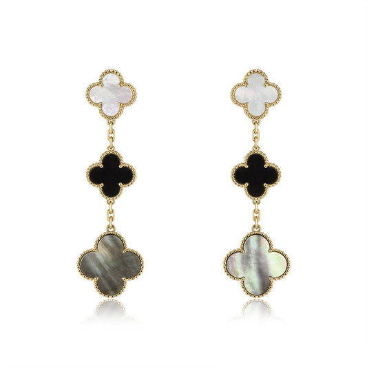 [Vellora-Opalyn]CLOVER EARRINGS GOLD ONYX MOP 3 MOTIF
